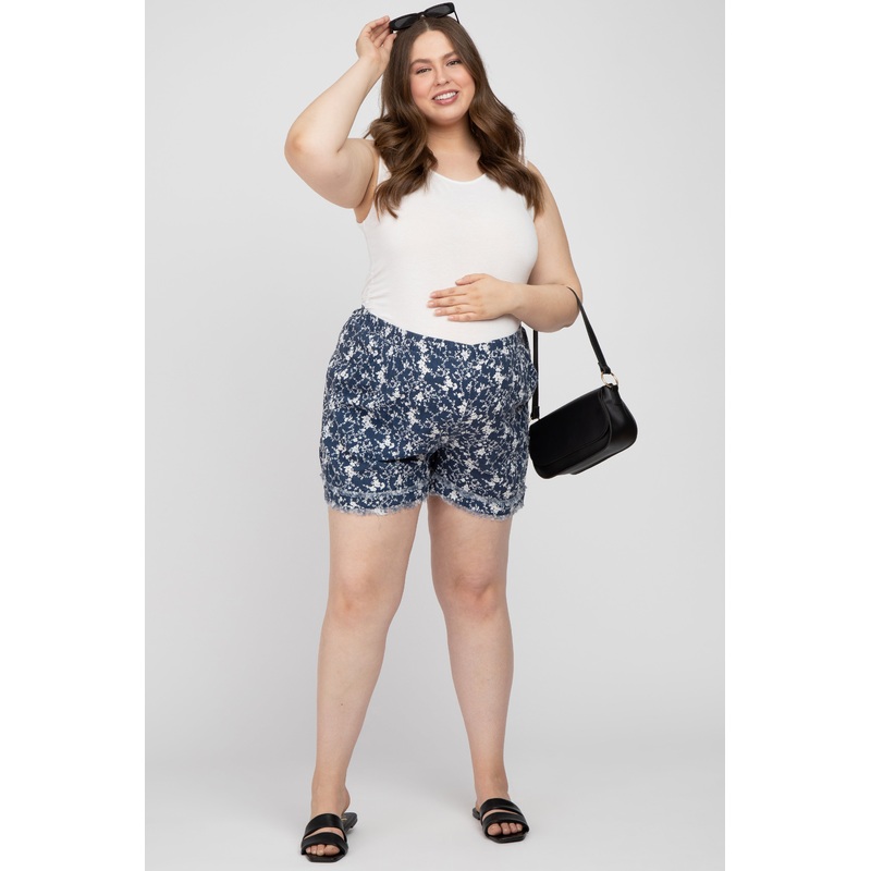 Navy Floral Raw Hem Plus Maternity Shorts