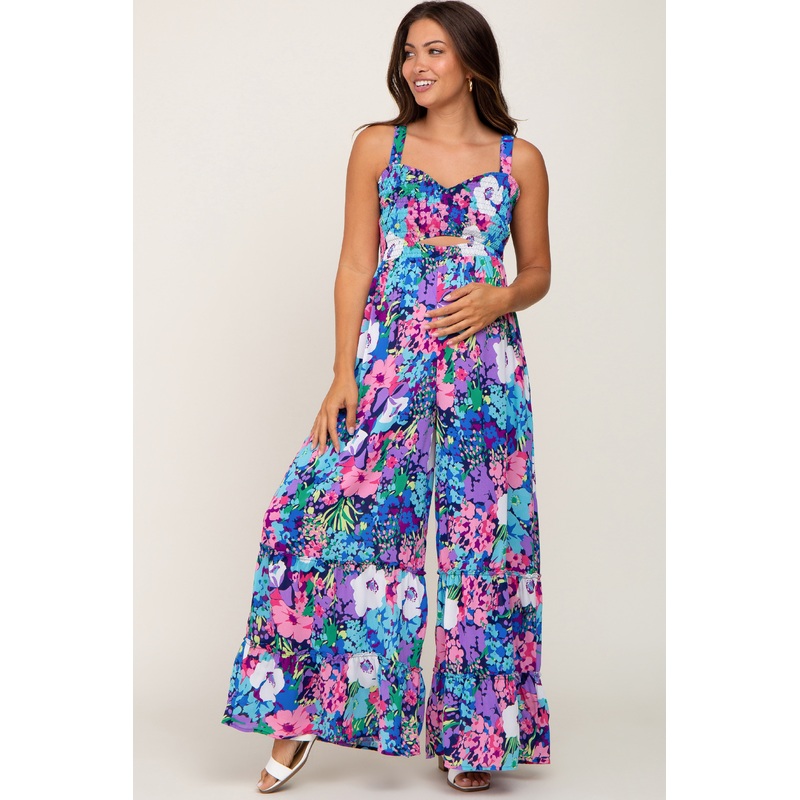 Navy Multi Colored Floral Cutout Maternity Jumpsuit