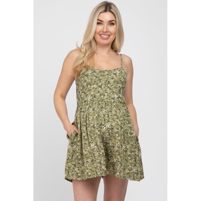 Olive Floral Cutout Back Tie Maternity Romper