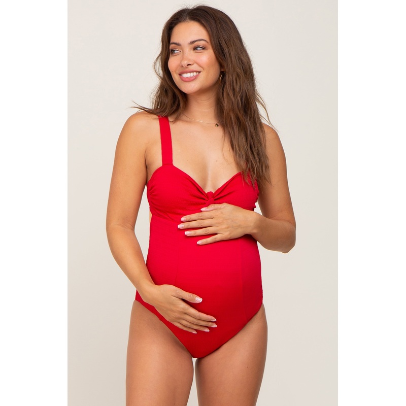 Red Smocked Back Cutout Maternity One Piece Swimsuit