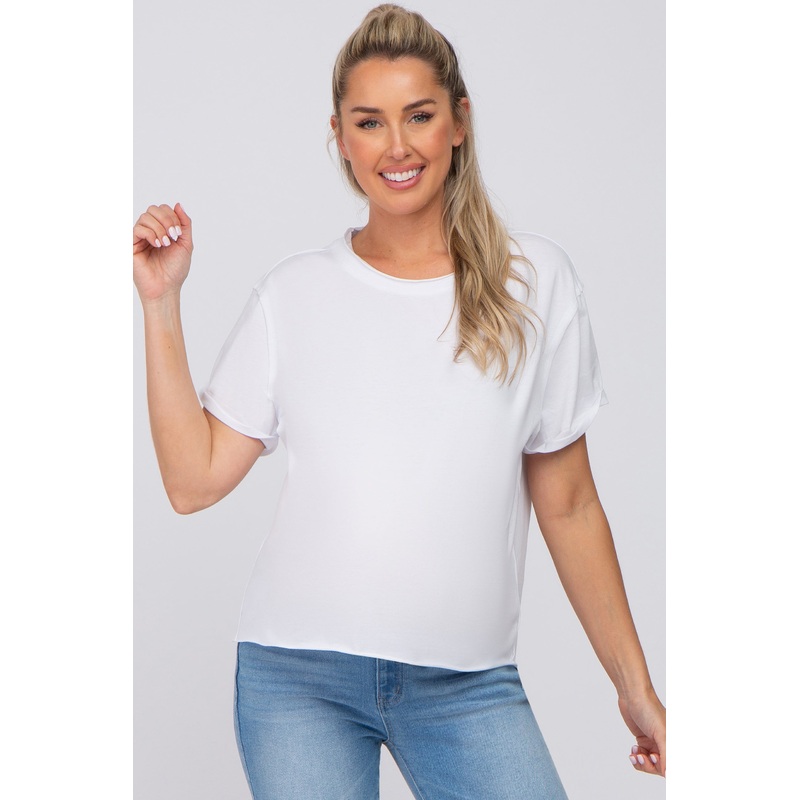 White Raw Hem Maternity Short Sleeve Tee