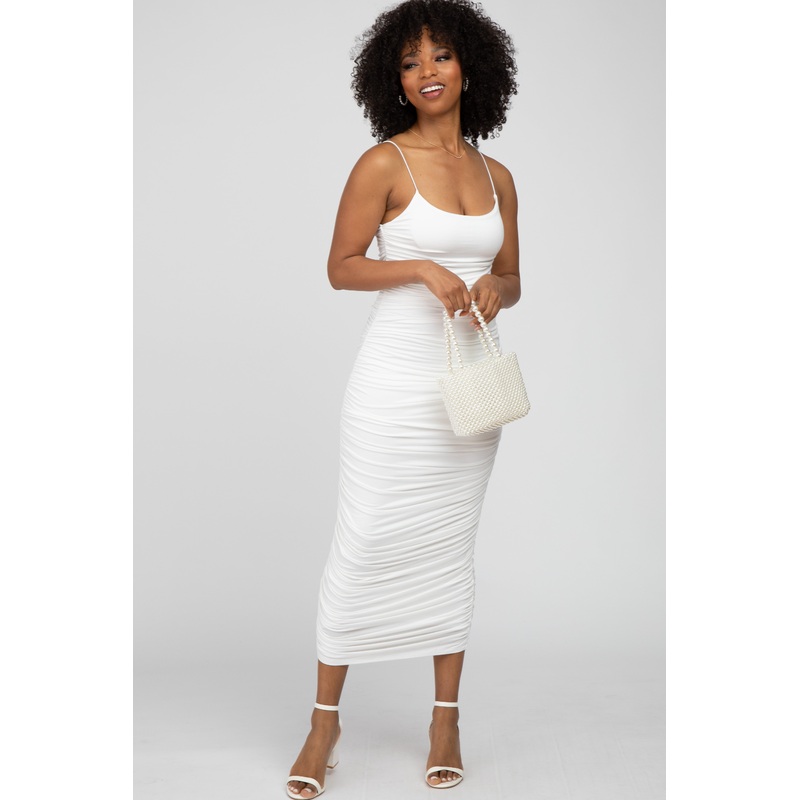 White Ruched Fitted Maxi Dress