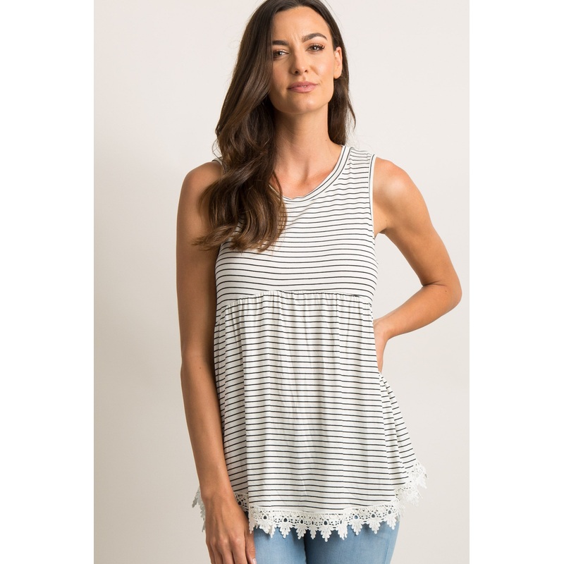 White Striped Crochet Trim Peplum Top