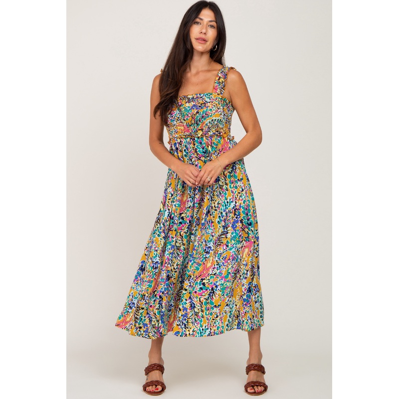 Yellow Printed Smocked Maxi Dress