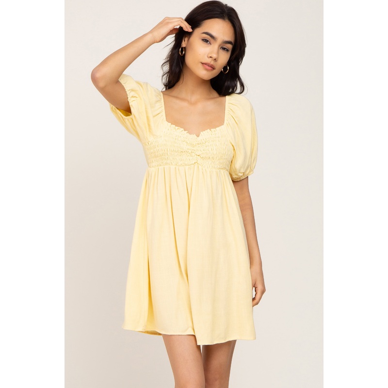Yellow Smocked Puff Sleeve Mini Dress
