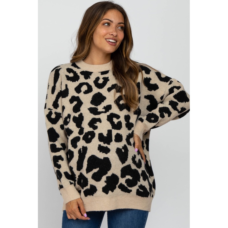 Beige Animal Print Oversized Maternity Sweater