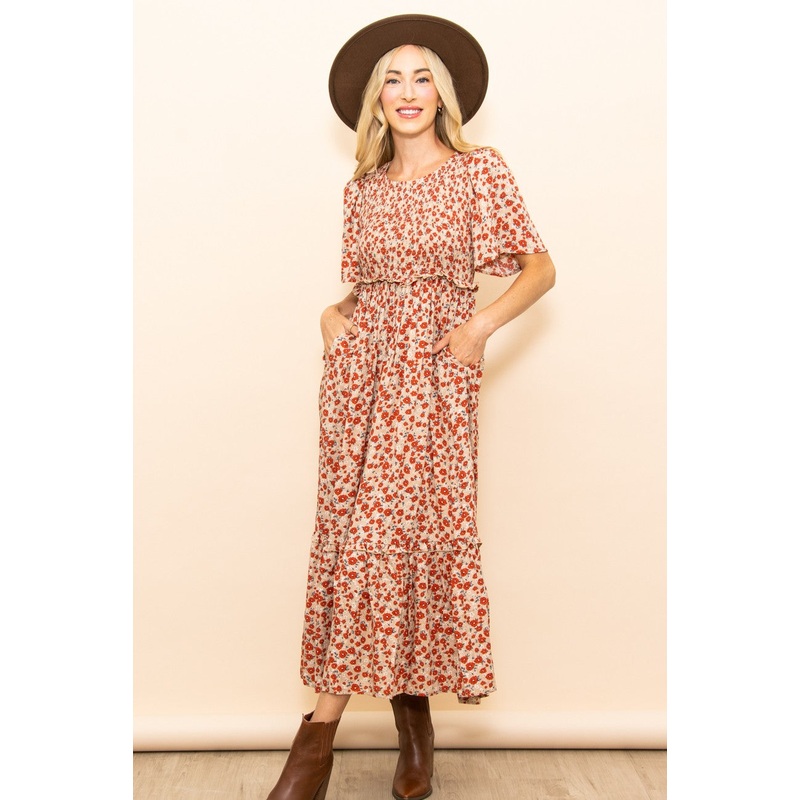 Beige Floral Smocked Flutter Short Sleeve Midi Dress