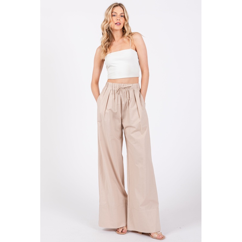 Beige Pleated Drawstring Waist Pants