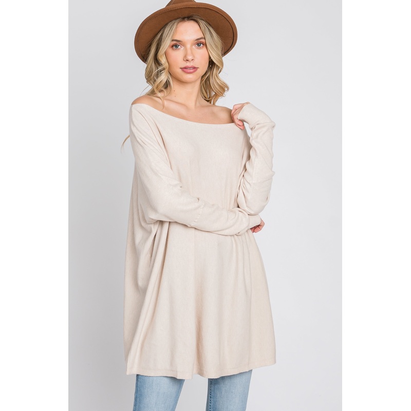 Beige Soft Knit Boatneck Dolman Sleeve Sweater