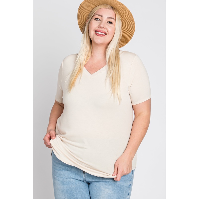 Beige V-Neck Round Hem Plus Top