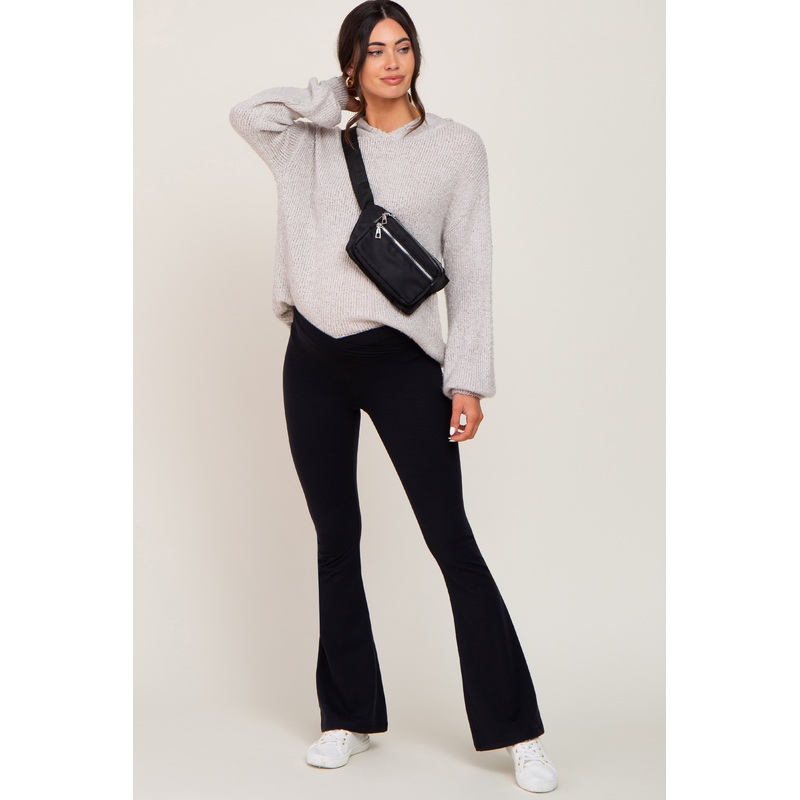Black Crossover Waist Maternity Flare Leggings