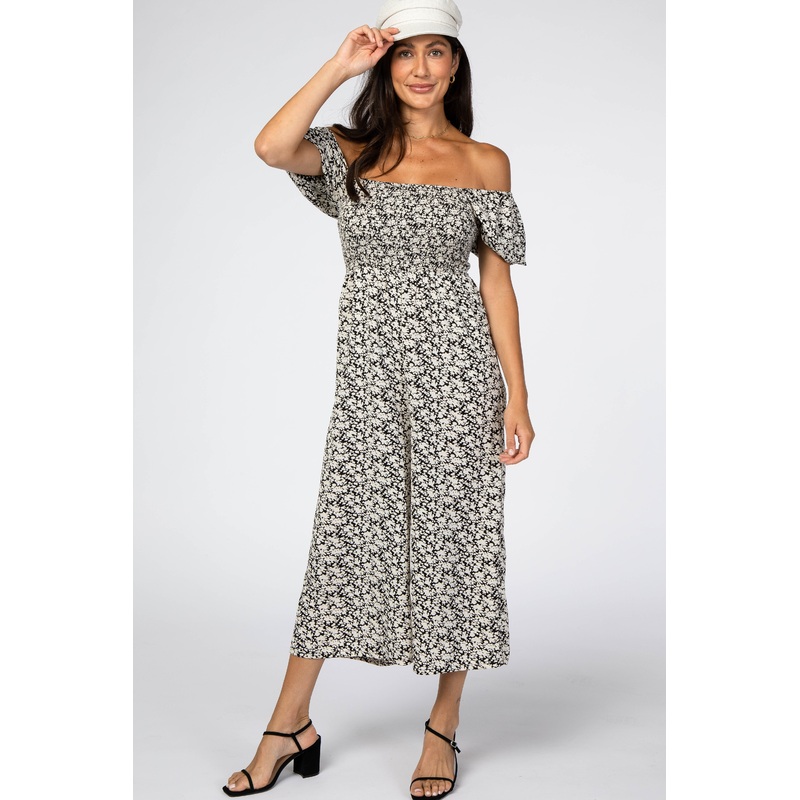 Black Floral Satin Smocked Square Neck Jumpsuit