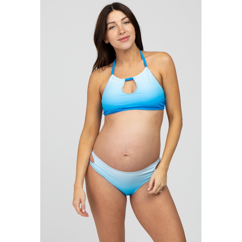 Blue Ombre Keyhole Front Halter Two-Piece Maternity Bikini Set