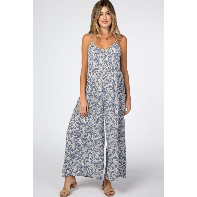 Blue Paisley Print Cropped Maternity Jumpsuit