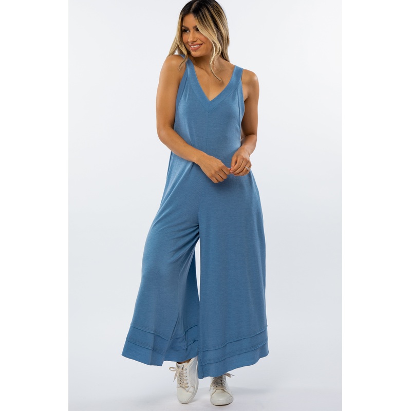 Blue Terry Wide Leg Jumpsuit