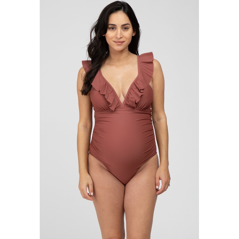 Brown Ruffle One-Piece Maternity Swimsuit