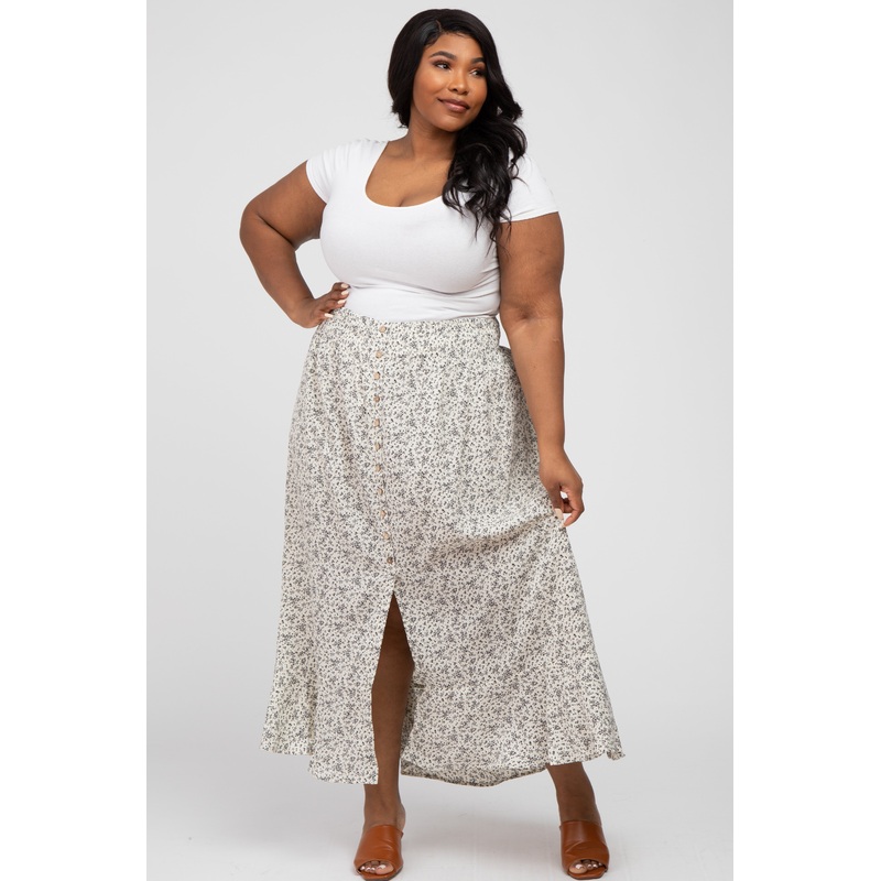 Cream Floral Button Accent Hi-low Plus Skirt