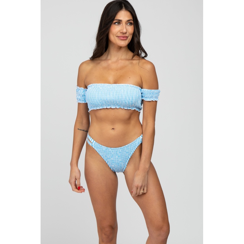 Light Blue Striped Off Shoulder Bikini Swim Set