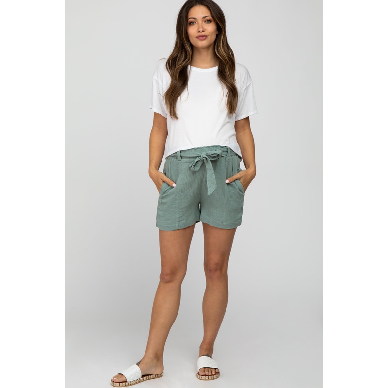Mint Green Front Tie Maternity Shorts