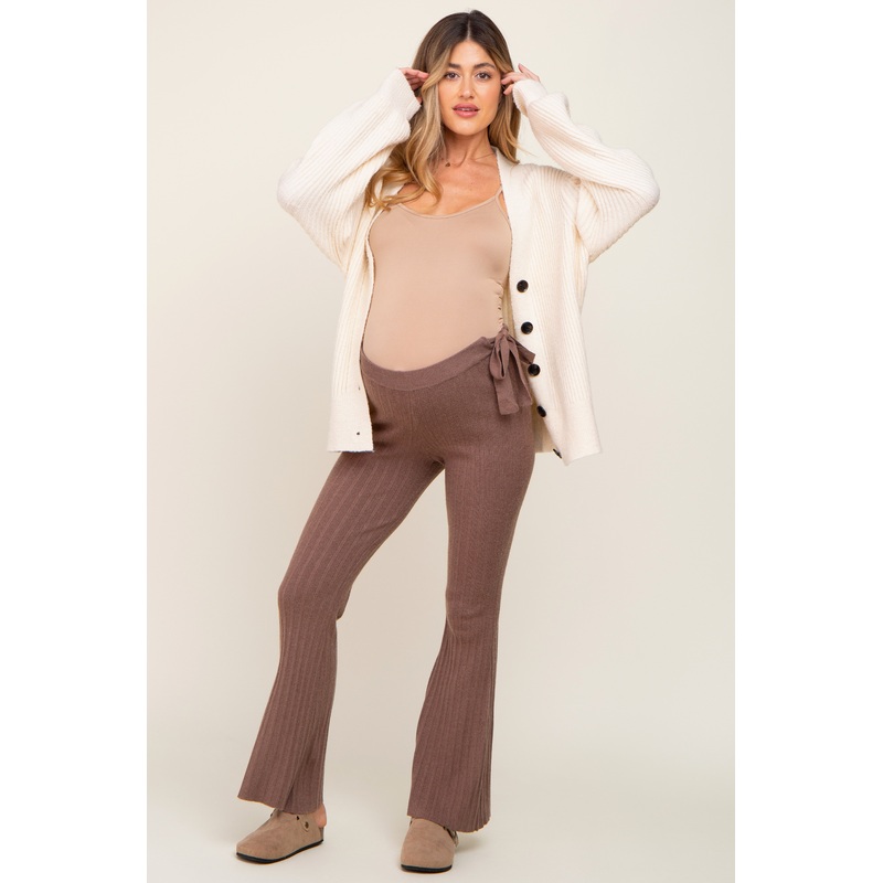 Mocha Side Tie Flare Knit Maternity Pants
