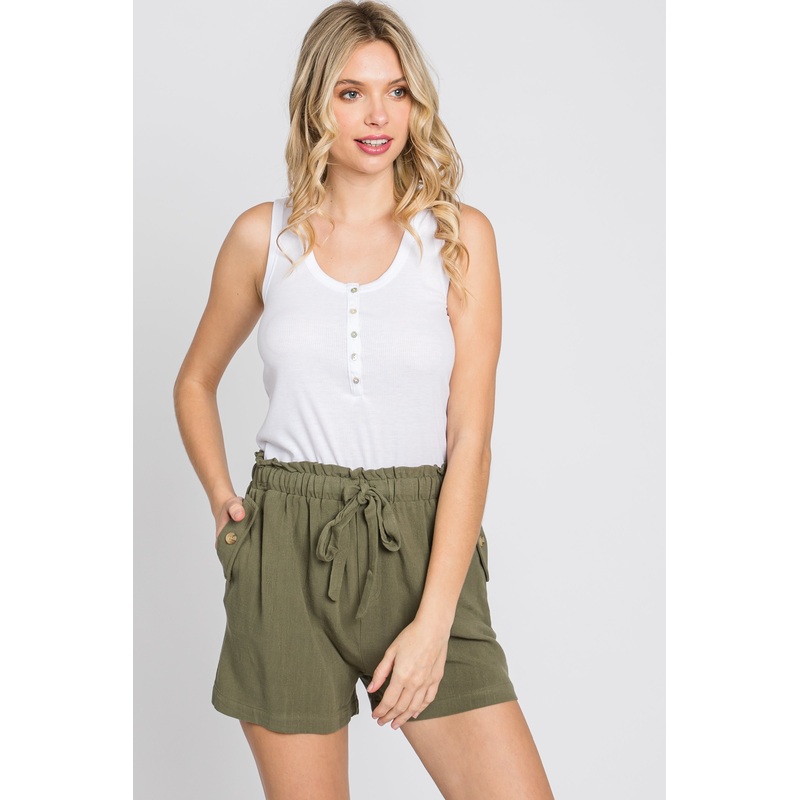 Olive Linen Front Tie Shorts