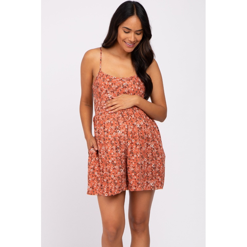 Rust Floral Cutout Back Tie Maternity Romper