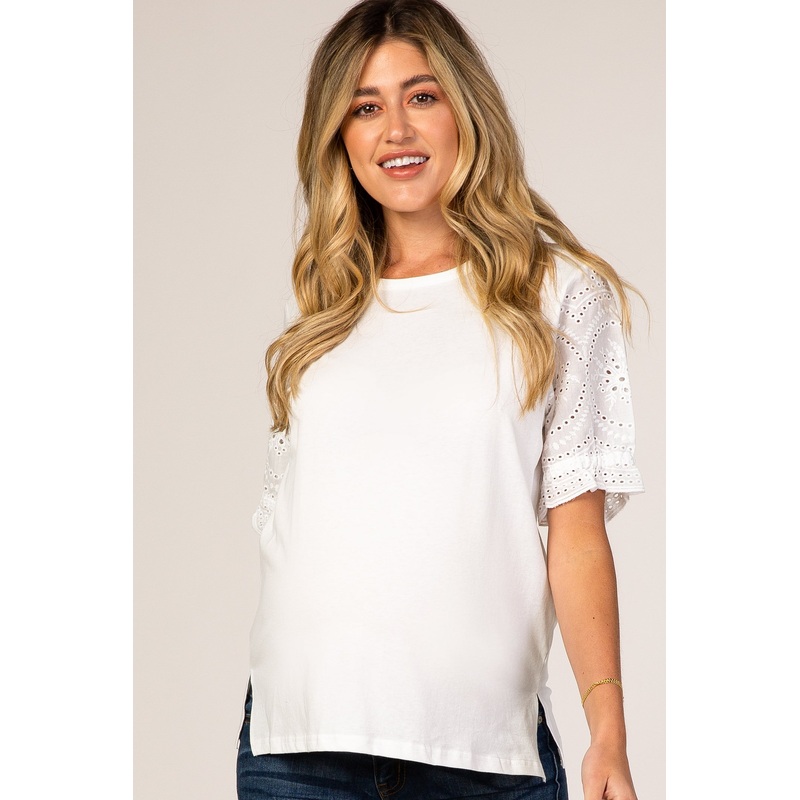 White Eyelet Short Sleeve Maternity Top