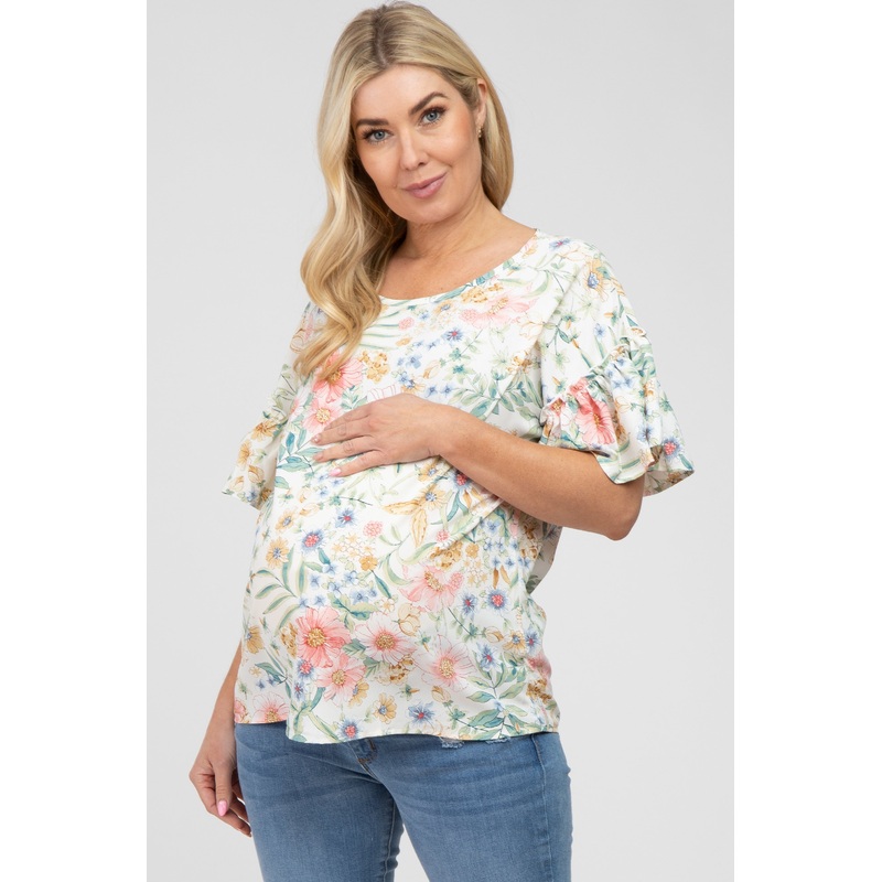 White Floral Ruffle Sleeve Maternity Blouse