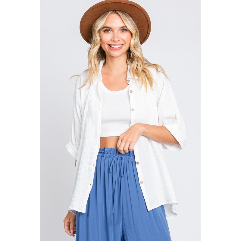 White Gauze Double Layered Button Up Top