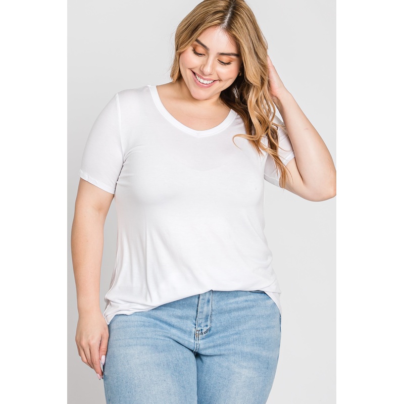 White V-Neck Short Sleeve Plus Top