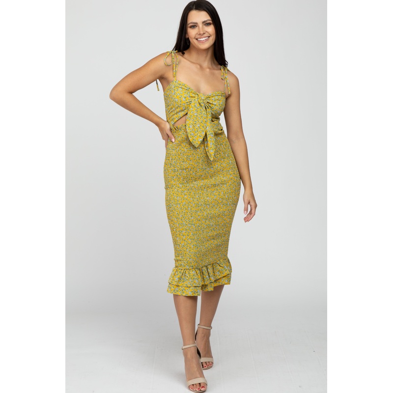 Yellow Floral Tied Front Cutout Smocked Dress