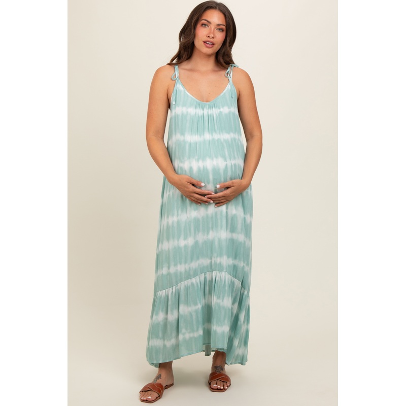 Aqua Tie Dye Tie Strap Maternity Midi Dress