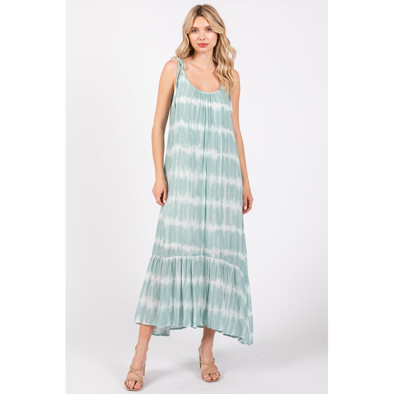 Aqua Tie Dye Tie Strap Midi Dress