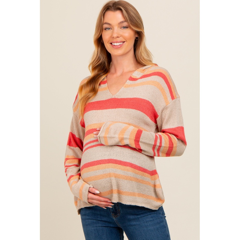 Beige Multi-Color Striped V-Neck Maternity Sweater