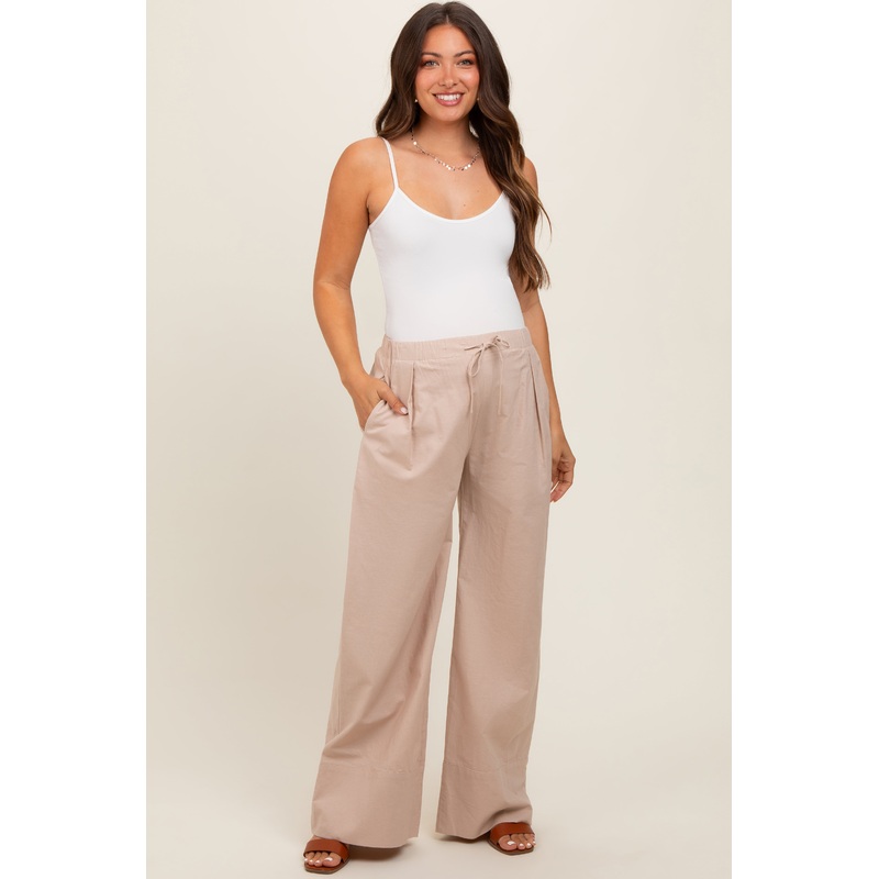 Beige Pleated Drawstring Waist Maternity Pants