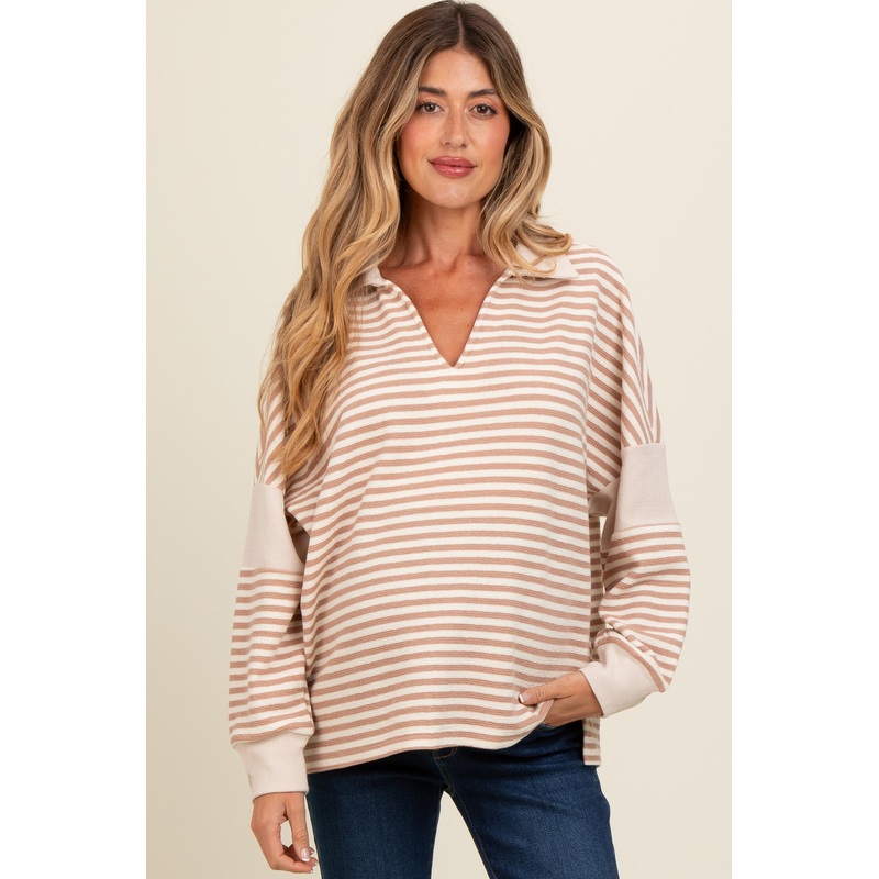 Beige Striped Relaxed Fit Maternity Top