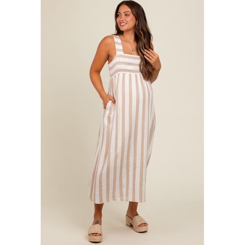 Beige Striped Wide Strap Maternity Midi Dress