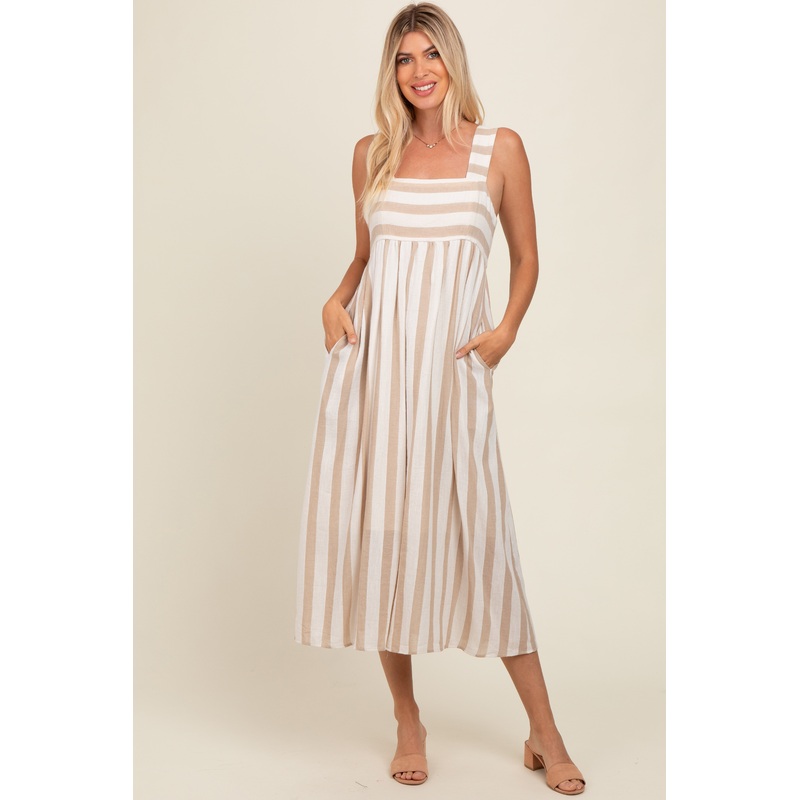 Beige Striped Wide Strap Midi Dress