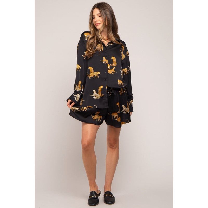 Black Animal Print Silky Matching Shorts Set