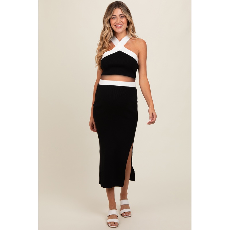 Black Colorblock Knit Crop Top Skirt Maternity Set