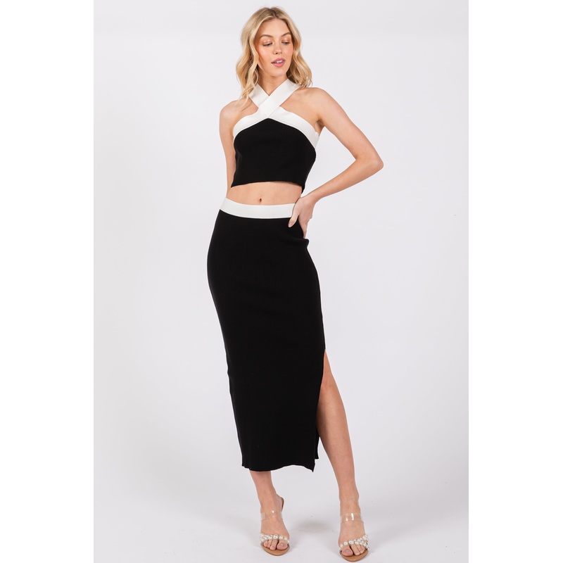 Black Colorblock Knit Crop Top Skirt Set