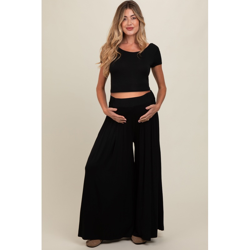 Black Crop Top and Wide Leg Pant Maternity Set