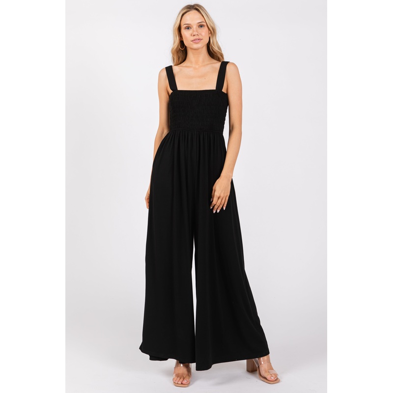 Black Smocked Wide Leg Jumpsuit
