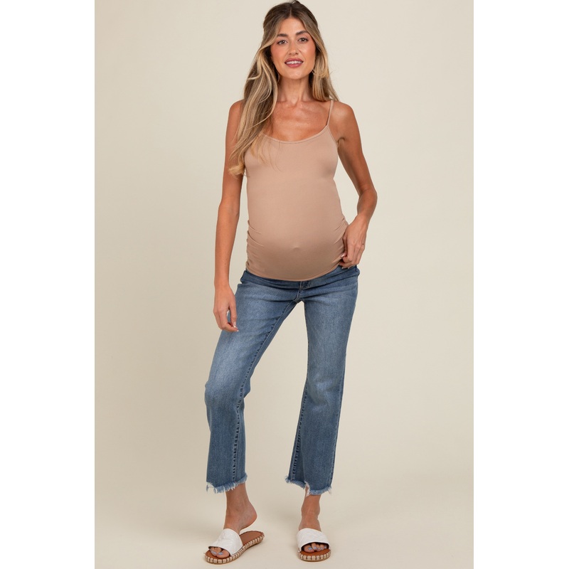Blue Fringe Hem Crop Flare Maternity Jeans