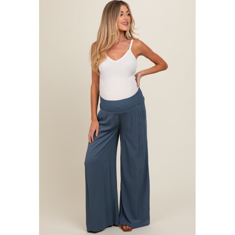 Blue Wide Smock Waist Maternity Pants