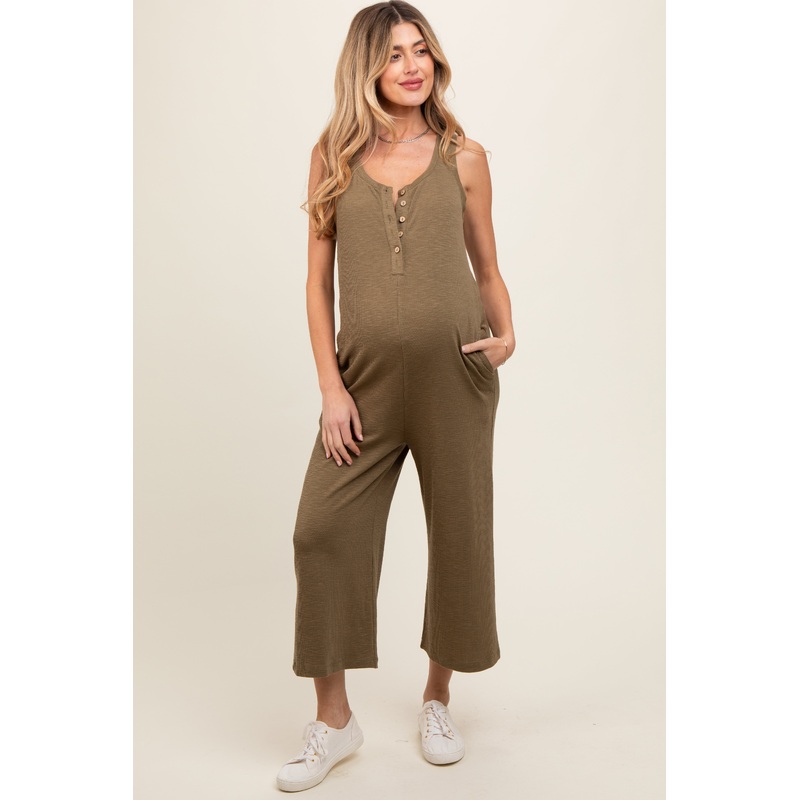 Olive Ribbed Button Front Sleeveless Maternity Jumpsuit
