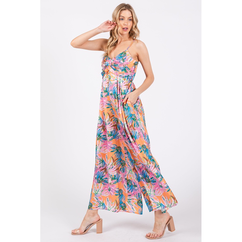 Orange Floral Front Twist Jumpsuit