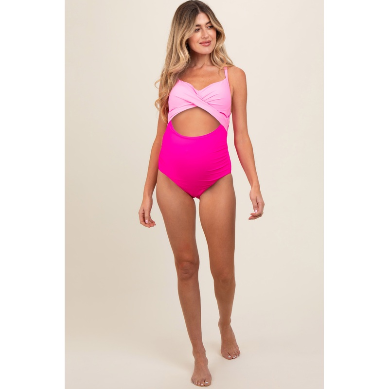 Pink Color Block Wrap Front Cutout Maternity One Piece Swimsuit