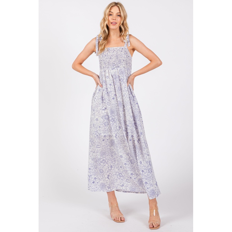 White Floral Shoulder Tie Dress
