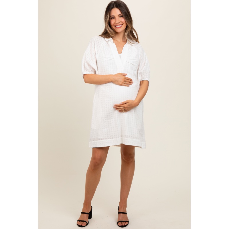 White Monochrome Striped Maternity Dress